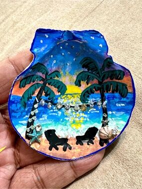 Hand Painted Tropical Beach Sunset and Abstract Seashell Art Display with Stand